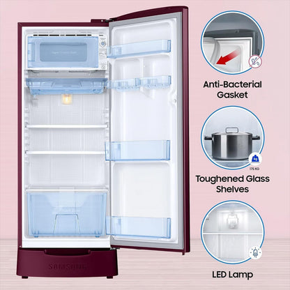 SAMSUNG Stylish Grande 183 Litres 5 Star Direct Cool Single Door Refrigerator with Anti Bacterial Gasket (RR20D2825HN/NL, Himalaya Poppy Red)