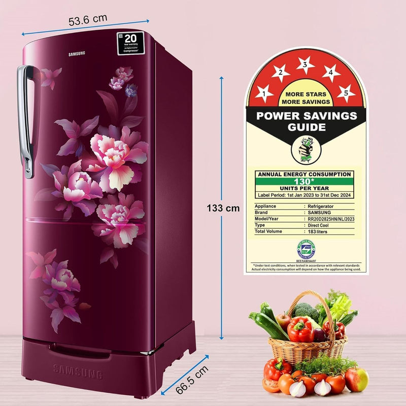 SAMSUNG Stylish Grande 183 Litres 5 Star Direct Cool Single Door Refrigerator with Anti Bacterial Gasket (RR20D2825HN/NL, Himalaya Poppy Red)