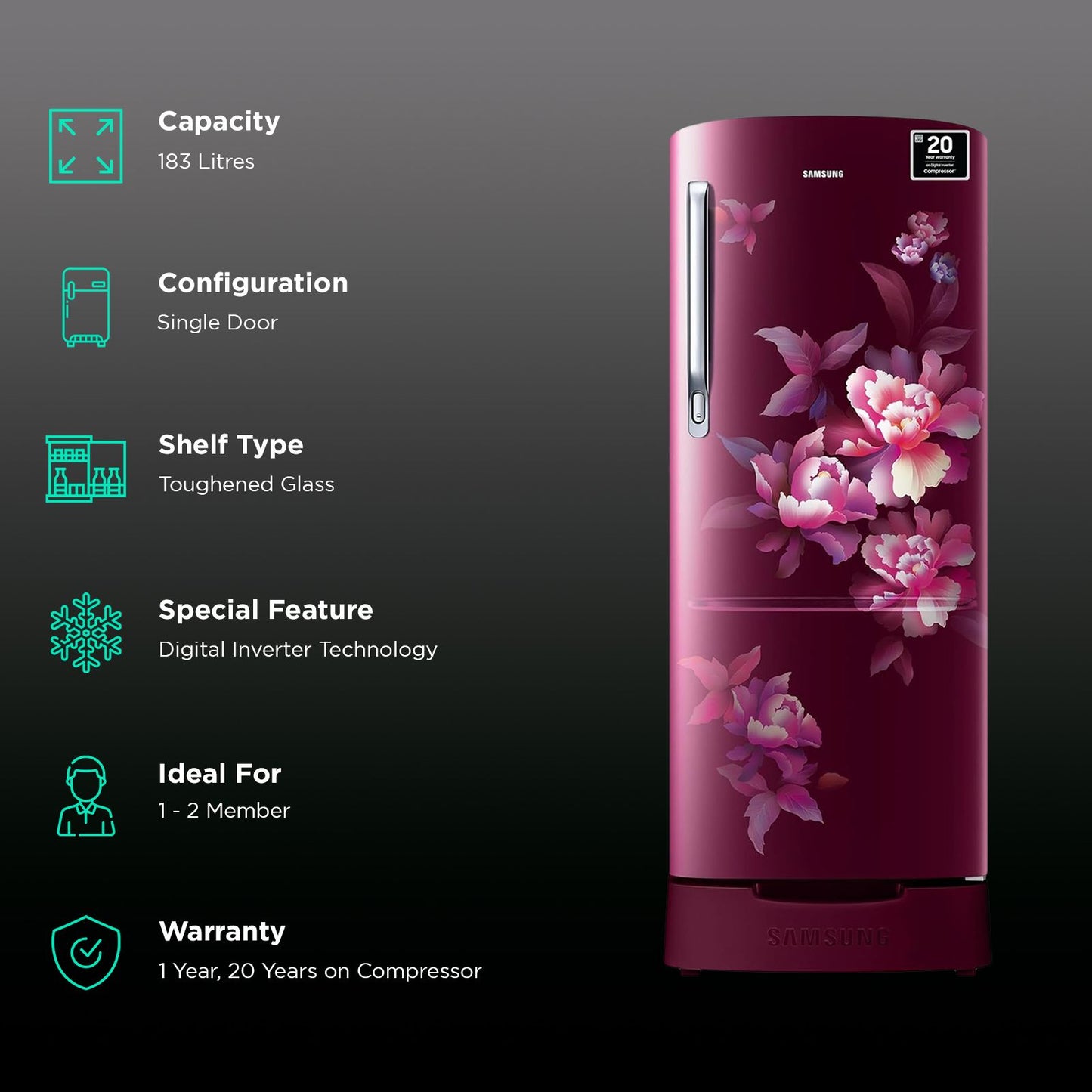 SAMSUNG Stylish Grande 183 Litres 5 Star Direct Cool Single Door Refrigerator with Anti Bacterial Gasket (RR20D2825HN/NL, Himalaya Poppy Red)