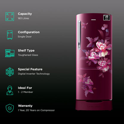 SAMSUNG Stylish Grande 183 Litres 5 Star Direct Cool Single Door Refrigerator with Anti Bacterial Gasket (RR20D2825HN/NL, Himalaya Poppy Red)