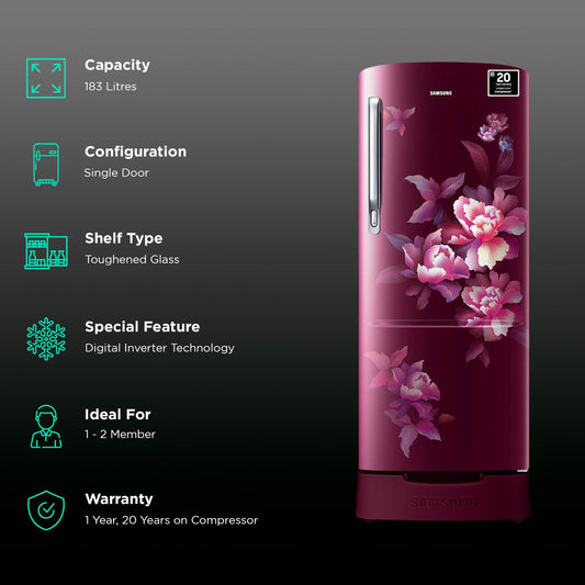 SAMSUNG Stylish Grande 183 Litres 5 Star Direct Cool Single Door Refrigerator with Anti Bacterial Gasket (RR20D2825HN/NL, Himalaya Poppy Red)