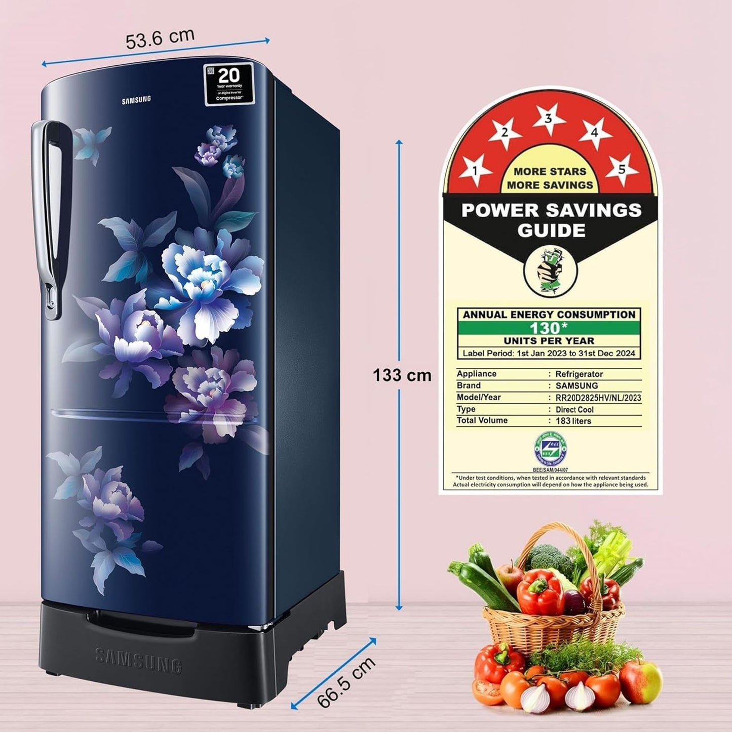 SAMSUNG Stylish Grande 183 Litres 5 Star Direct Cool Single Door Refrigerator with Anti Bacterial Gasket (RR20D2825HV/NL, Blue Arctic)