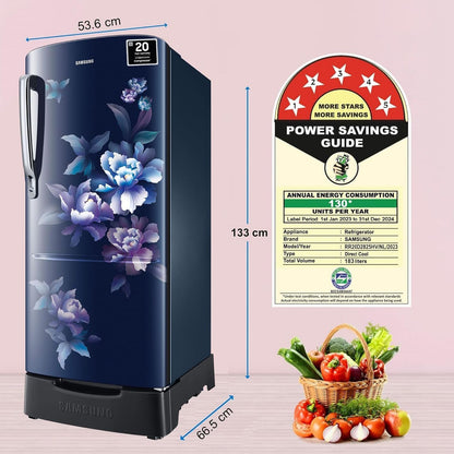 SAMSUNG Stylish Grande 183 Litres 5 Star Direct Cool Single Door Refrigerator with Anti Bacterial Gasket (RR20D2825HV/NL, Blue Arctic)