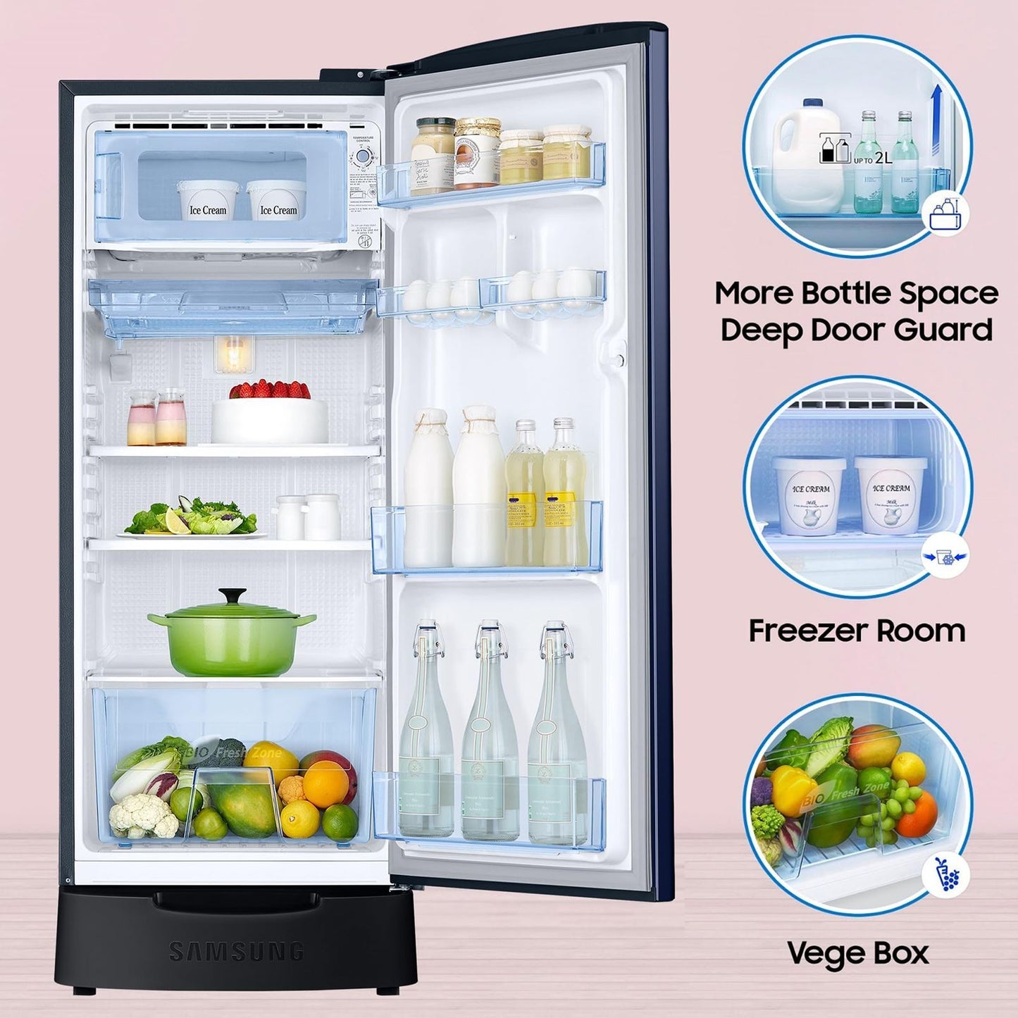 SAMSUNG Stylish Grande 183 Litres 5 Star Direct Cool Single Door Refrigerator with Anti Bacterial Gasket (RR20D2825HV/NL, Blue Arctic)