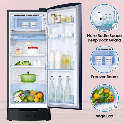 SAMSUNG Stylish Grande 183 Litres 5 Star Direct Cool Single Door Refrigerator with Anti Bacterial Gasket (RR20D2825HV/NL, Blue Arctic)