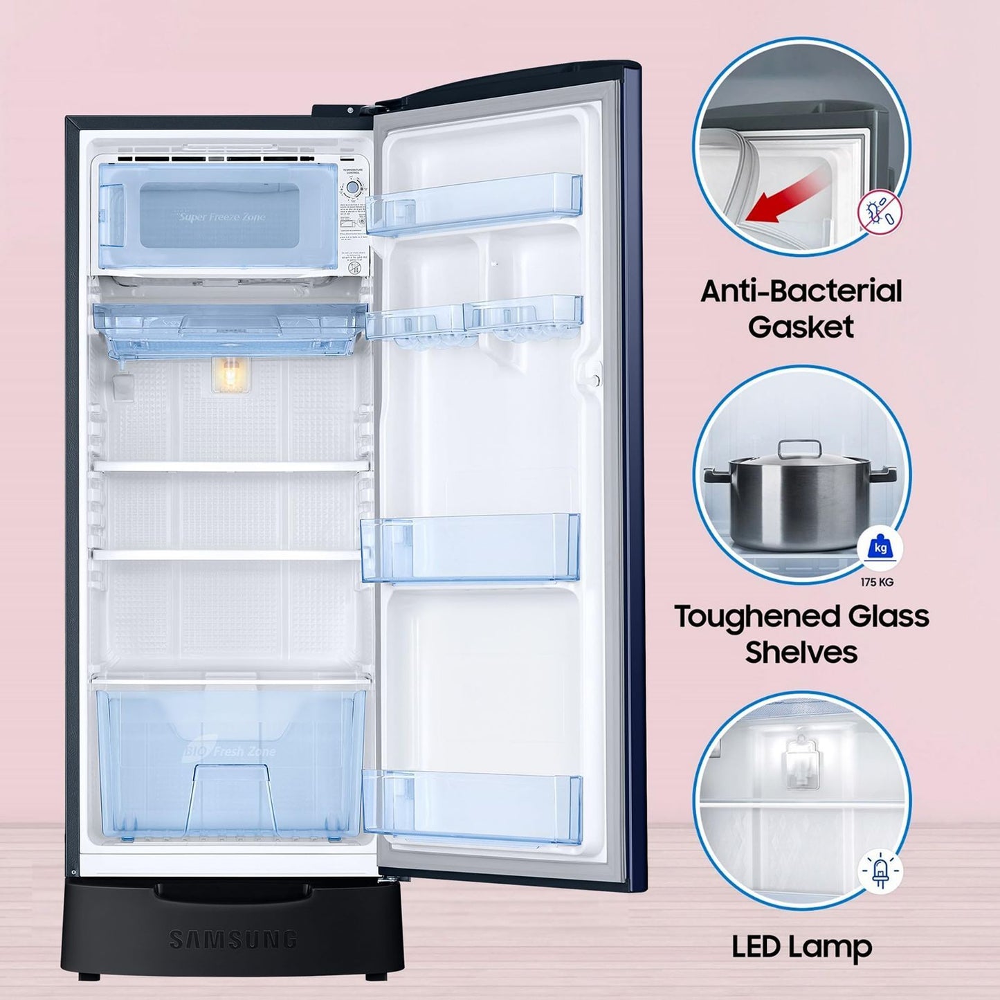 SAMSUNG Stylish Grande 183 Litres 5 Star Direct Cool Single Door Refrigerator with Anti Bacterial Gasket (RR20D2825HV/NL, Blue Arctic)