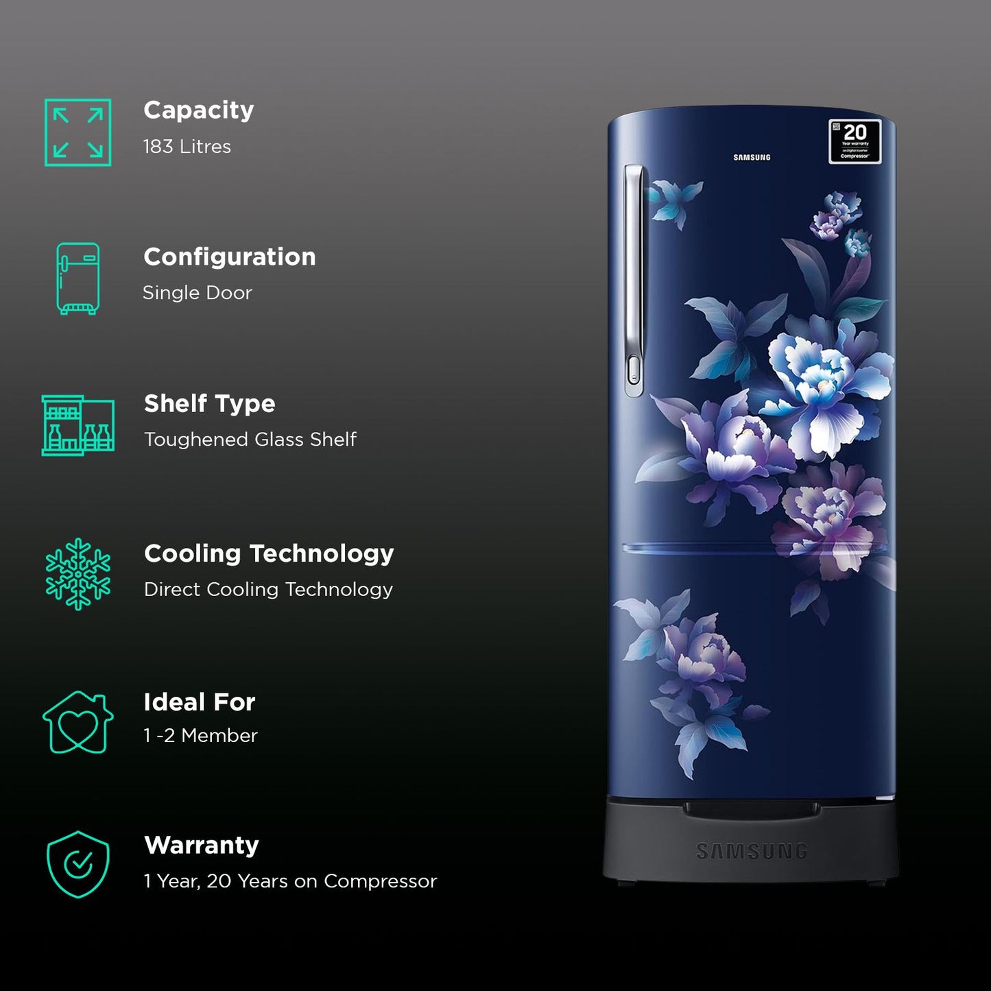 SAMSUNG Stylish Grande 183 Litres 5 Star Direct Cool Single Door Refrigerator with Anti Bacterial Gasket (RR20D2825HV/NL, Blue Arctic)