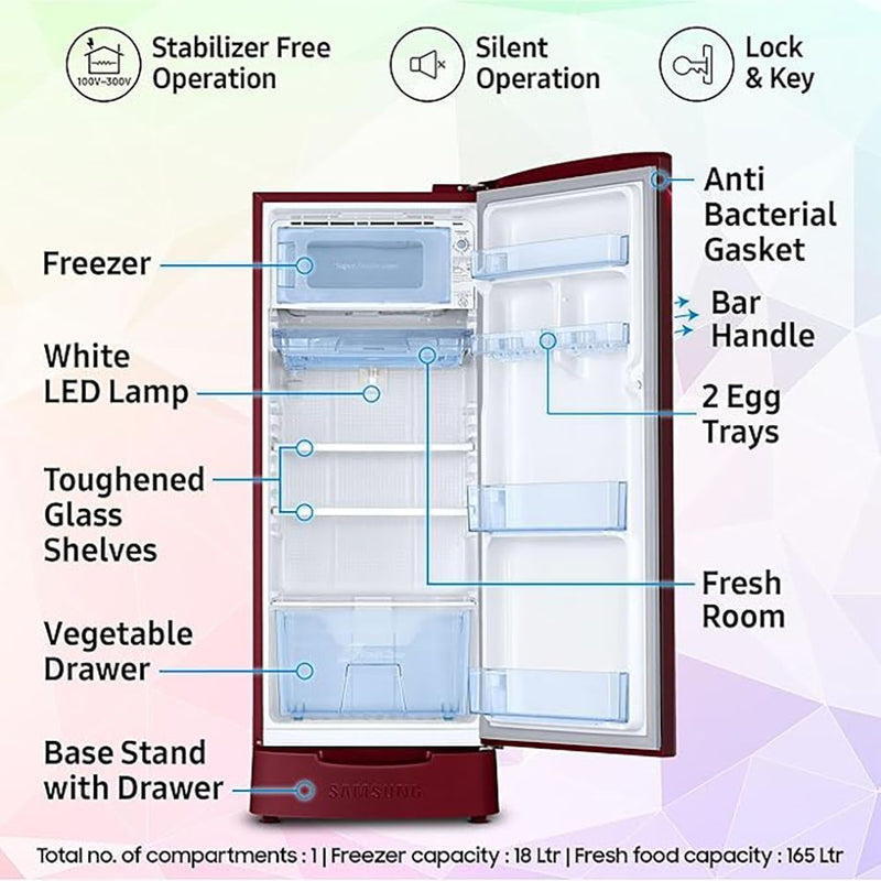 SAMSUNG Stylish Grande 183 Litres 5 Star Direct Cool Single Door Refrigerator with Anti Bacterial Gasket (RR20D2825RZ/NL, Burgundy Red)