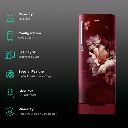 SAMSUNG Stylish Grande 183 Litres 5 Star Direct Cool Single Door Refrigerator with Anti Bacterial Gasket (RR20D2825RZ/NL, Burgundy Red)