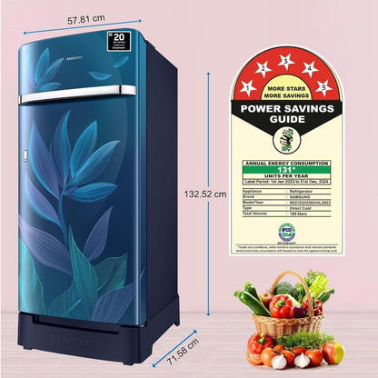 SAMSUNG Horizontal Curve 189 Litres 5 Star Direct Cool Single Door Refrigerator with Anti Bacterial Gasket (RR21D2H259U/HL, Paradise Bloom Blue)