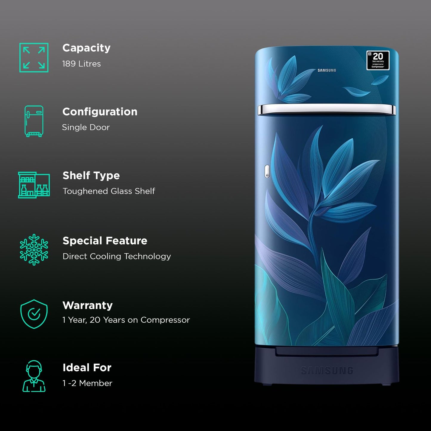 SAMSUNG Horizontal Curve 189 Litres 5 Star Direct Cool Single Door Refrigerator with Anti Bacterial Gasket (RR21D2H259U/HL, Paradise Bloom Blue)