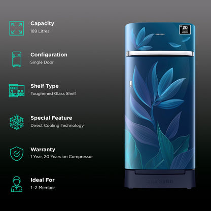 SAMSUNG Horizontal Curve 189 Litres 5 Star Direct Cool Single Door Refrigerator with Anti Bacterial Gasket (RR21D2H259U/HL, Paradise Bloom Blue)