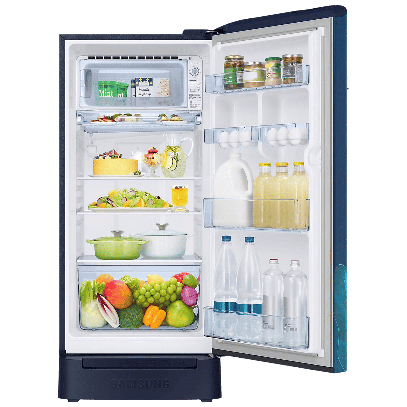 SAMSUNG Horizontal Curve 189 Litres 5 Star Direct Cool Single Door Refrigerator with Anti Bacterial Gasket (RR21D2H259U/HL, Paradise Bloom Blue)