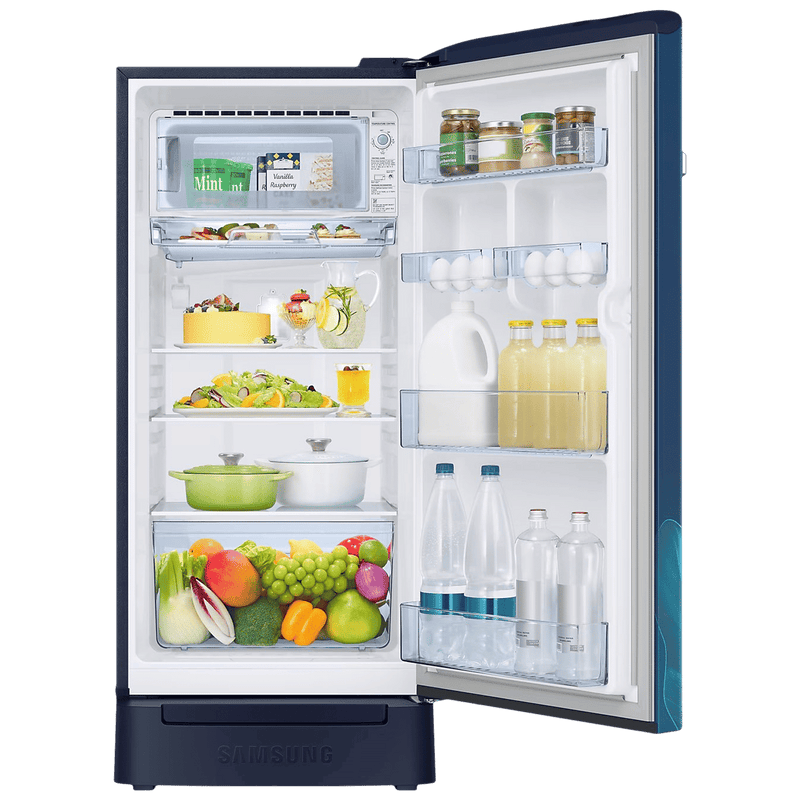 SAMSUNG Horizontal Curve 189 Litres 5 Star Direct Cool Single Door Refrigerator with Anti Bacterial Gasket (RR21D2H259U/HL, Paradise Bloom Blue)