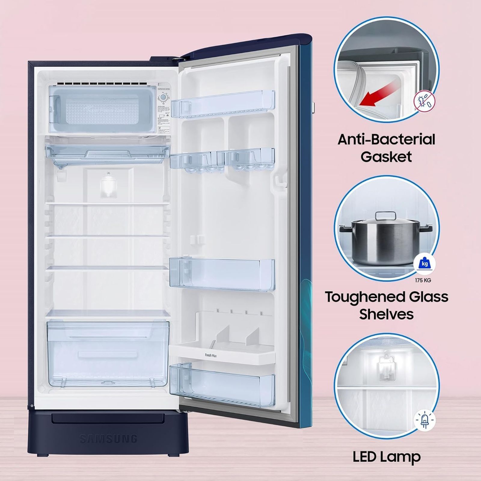 SAMSUNG Horizontal Curve 215 Litres 5 Star Direct Cool Single Door Refrigerator with Anti Bacterial Gasket (RR23D2H359U/HL, Paradise Bloom Blue)