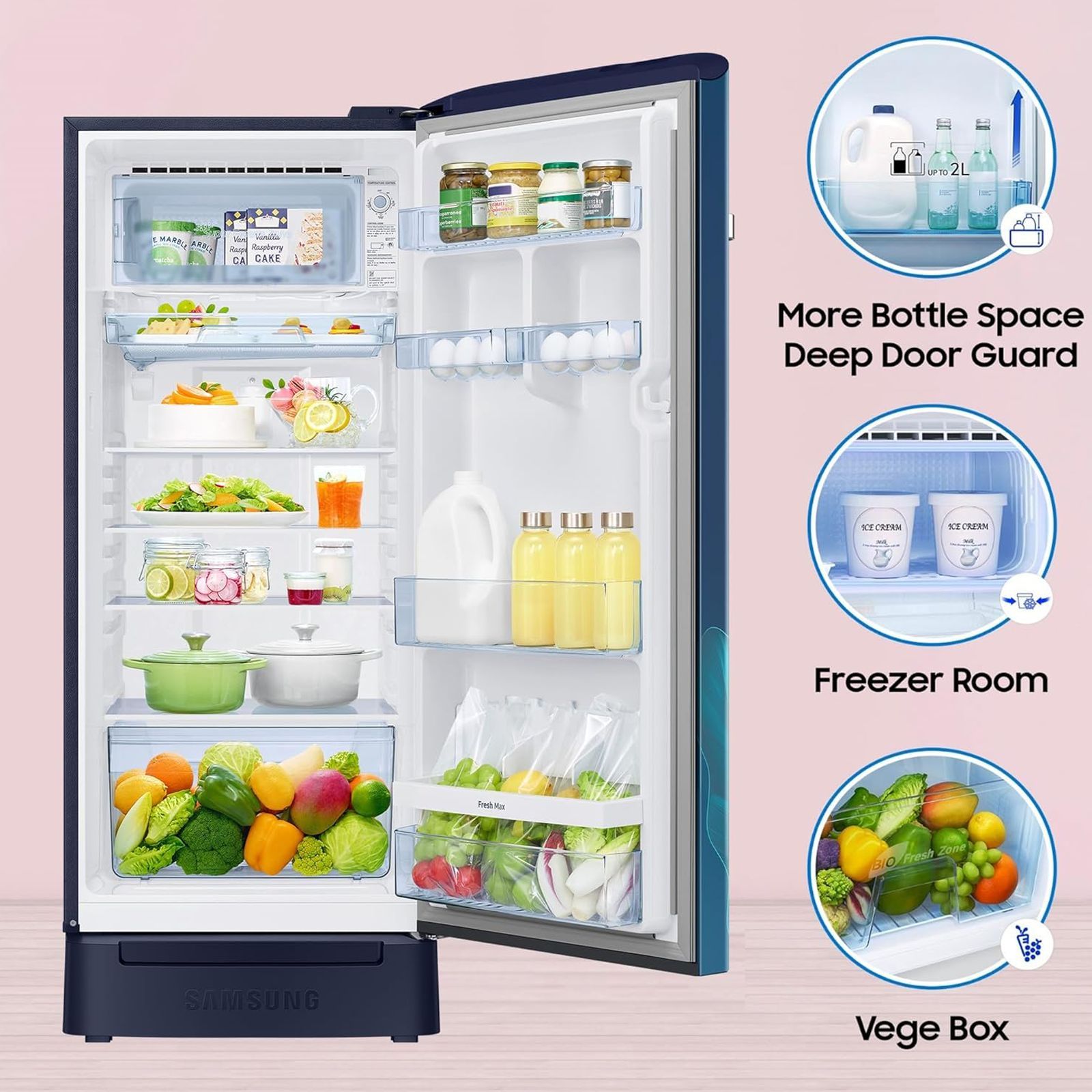 SAMSUNG Horizontal Curve 215 Litres 5 Star Direct Cool Single Door Refrigerator with Anti Bacterial Gasket (RR23D2H359U/HL, Paradise Bloom Blue)