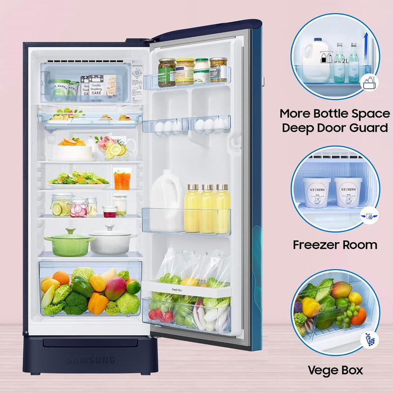 SAMSUNG Horizontal Curve 215 Litres 5 Star Direct Cool Single Door Refrigerator with Anti Bacterial Gasket (RR23D2H359U/HL, Paradise Bloom Blue)