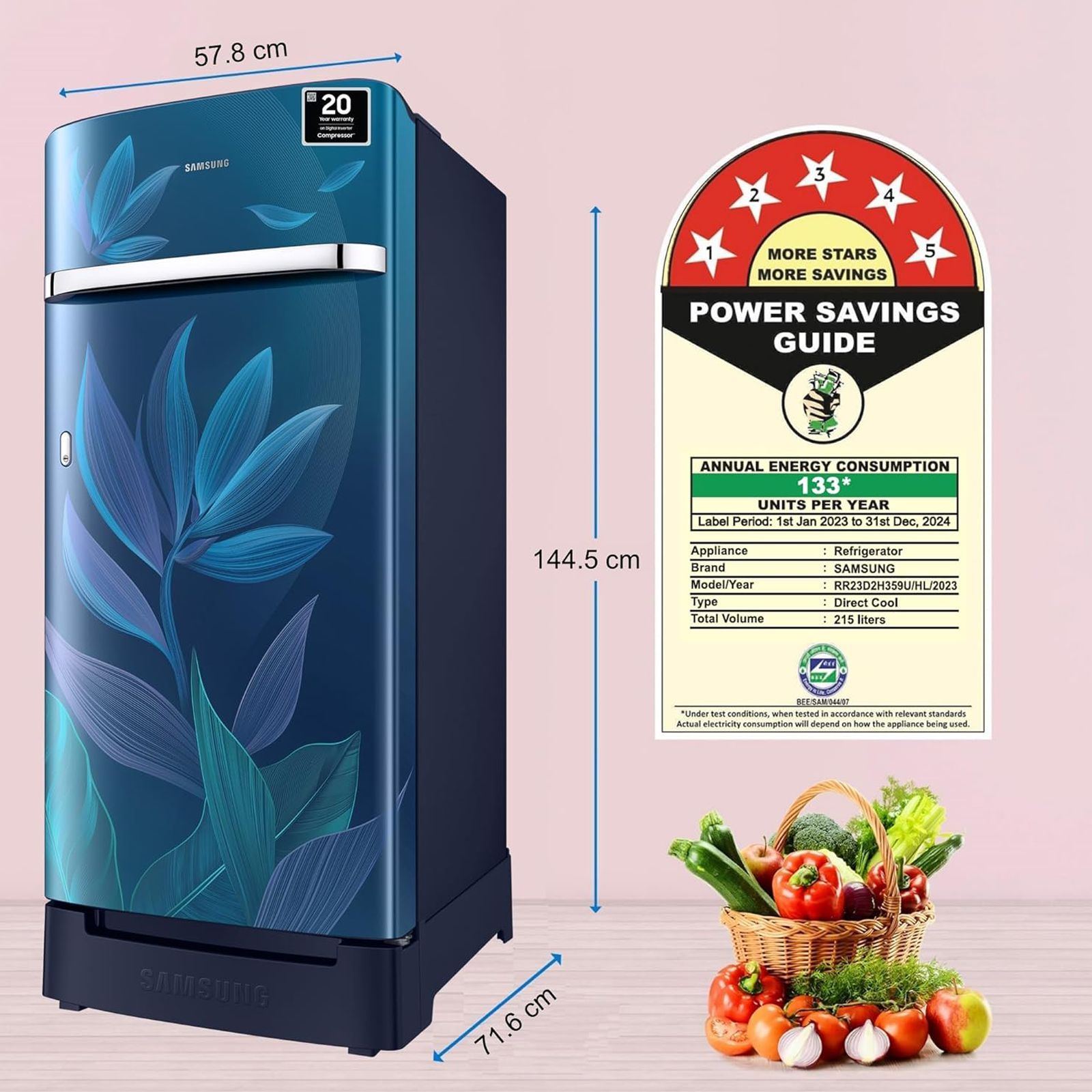 SAMSUNG Horizontal Curve 215 Litres 5 Star Direct Cool Single Door Refrigerator with Anti Bacterial Gasket (RR23D2H359U/HL, Paradise Bloom Blue)