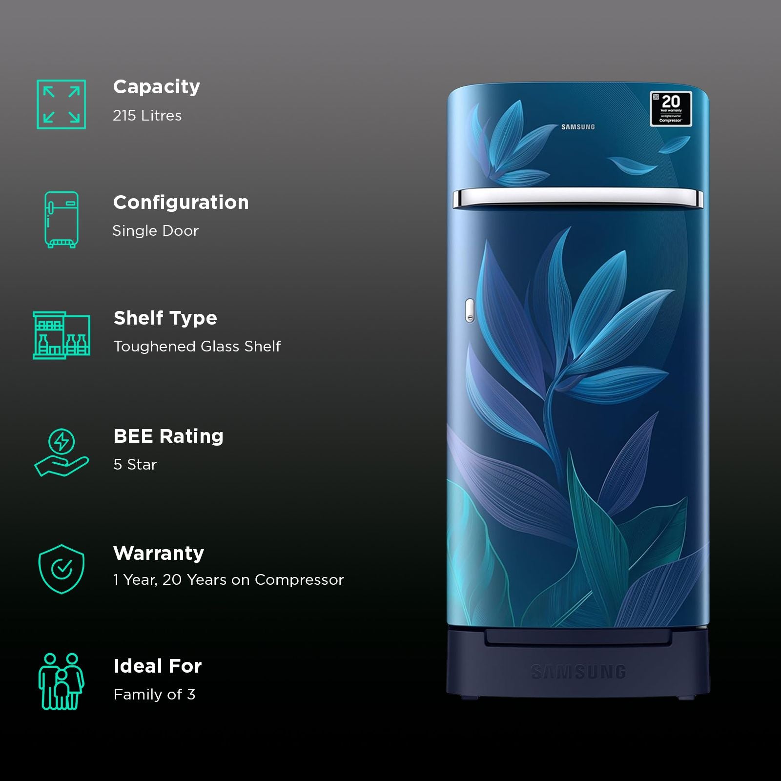 SAMSUNG Horizontal Curve 215 Litres 5 Star Direct Cool Single Door Refrigerator with Anti Bacterial Gasket (RR23D2H359U/HL, Paradise Bloom Blue)