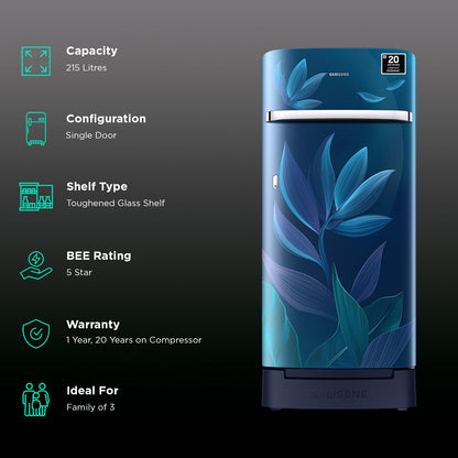 SAMSUNG Horizontal Curve 215 Litres 5 Star Direct Cool Single Door Refrigerator with Anti Bacterial Gasket (RR23D2H359U/HL, Paradise Bloom Blue)