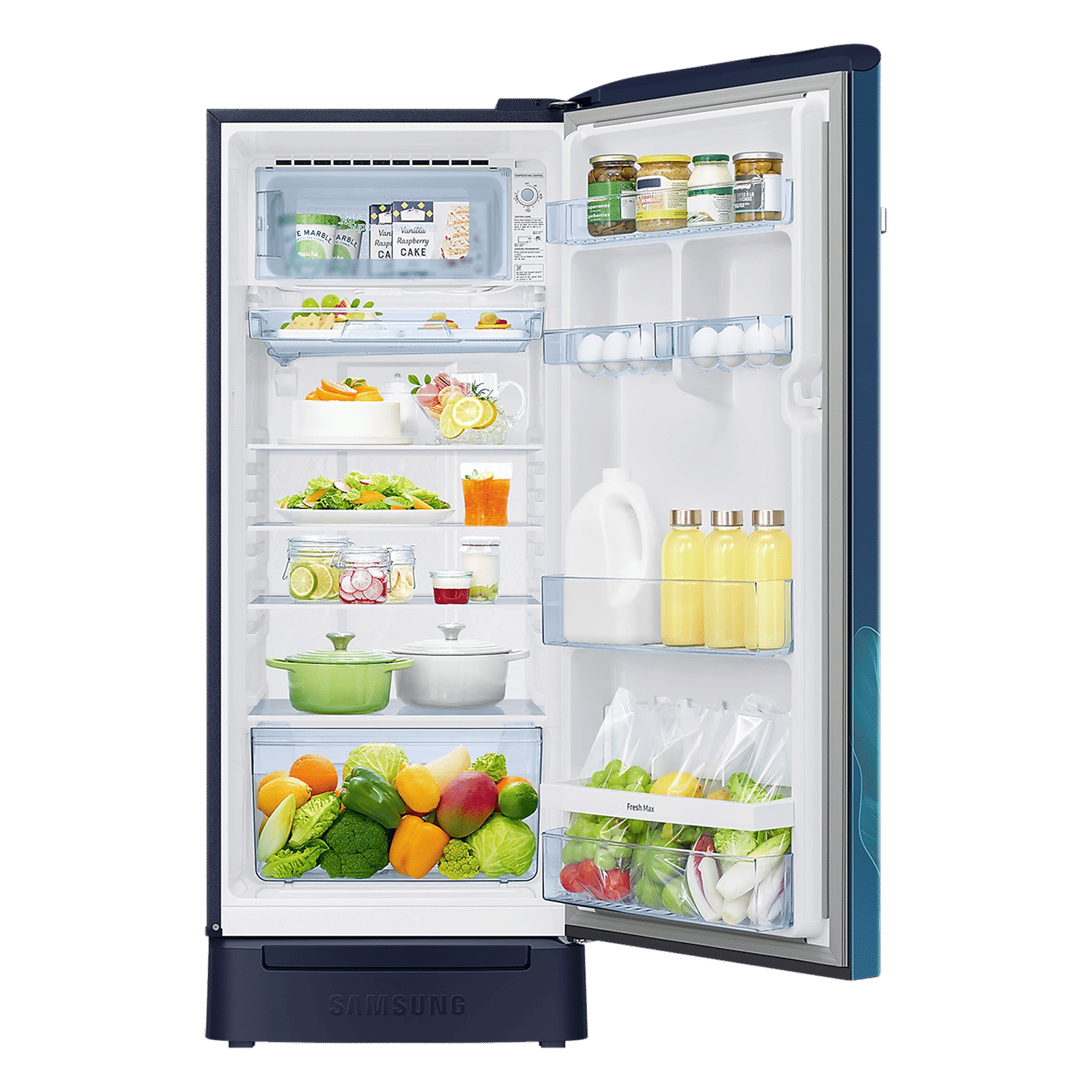 SAMSUNG Horizontal Curve 215 Litres 5 Star Direct Cool Single Door Refrigerator with Anti Bacterial Gasket (RR23D2H359U/HL, Paradise Bloom Blue)