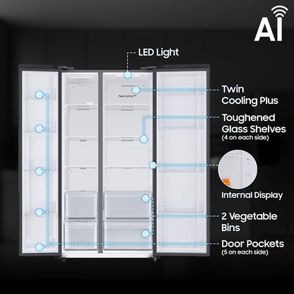 SAMSUNG 653 Litres 3 Star Frost Free Side by Side Refrigerator with Twin Cooling Plus Technology (RS76CG8003B1/HL, Black Matt)