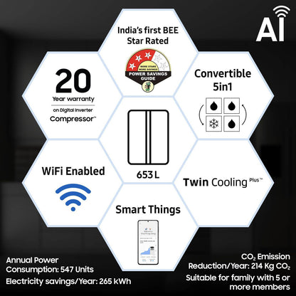 SAMSUNG 653 Litres 3 Star Frost Free Side by Side Refrigerator with Twin Cooling Plus Technology (RS76CG8003B1/HL, Black Matt)