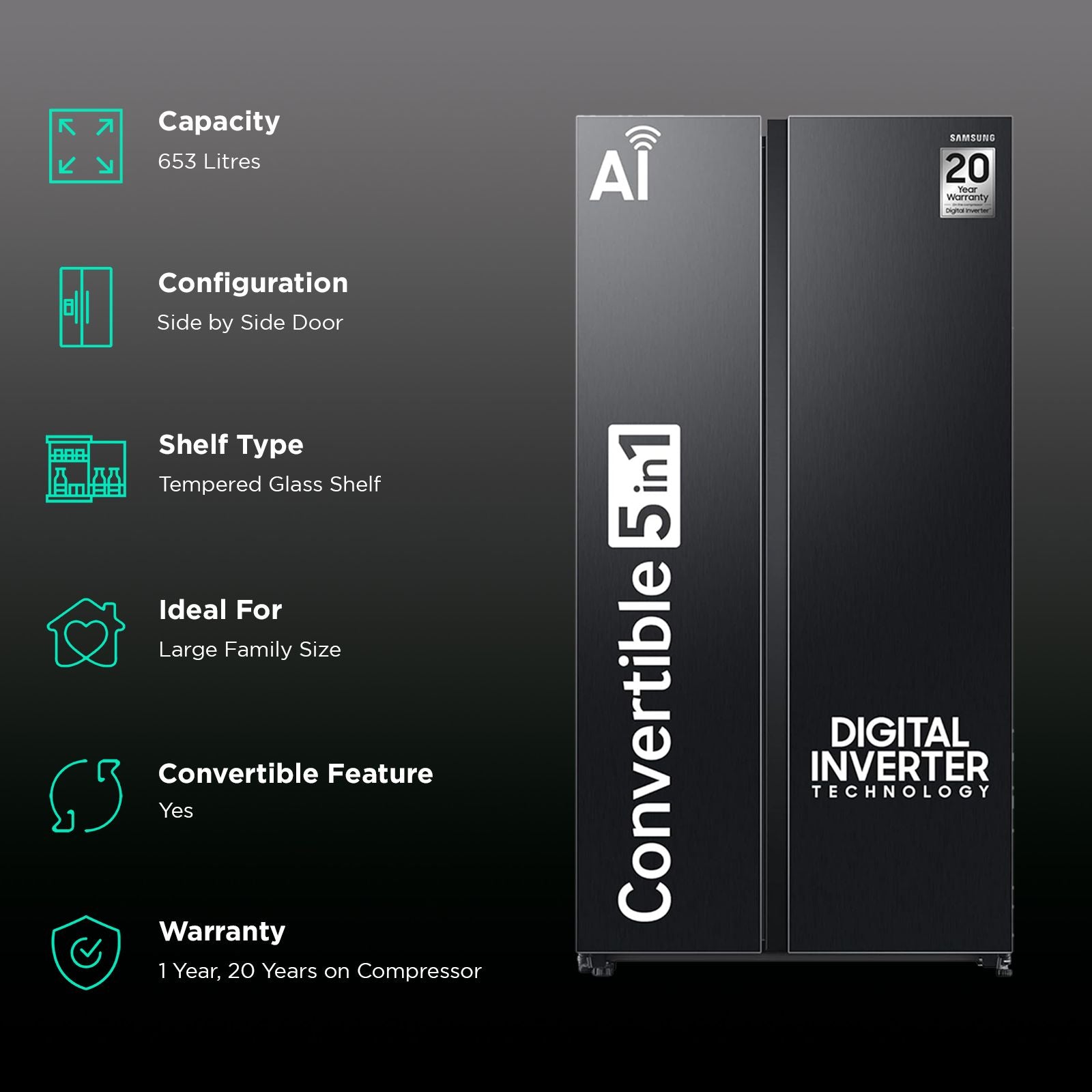 SAMSUNG 653 Litres 3 Star Frost Free Side by Side Refrigerator with Twin Cooling Plus Technology (RS76CG8003B1/HL, Black Matt)