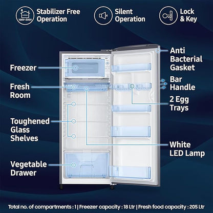 SAMSUNG Stylish Grande 223 Litres 3 Star Direct Cool Single Door Refrigerator with Anti Bacterial Gasket (RR24C2723S8/NL, Elegant Inox)