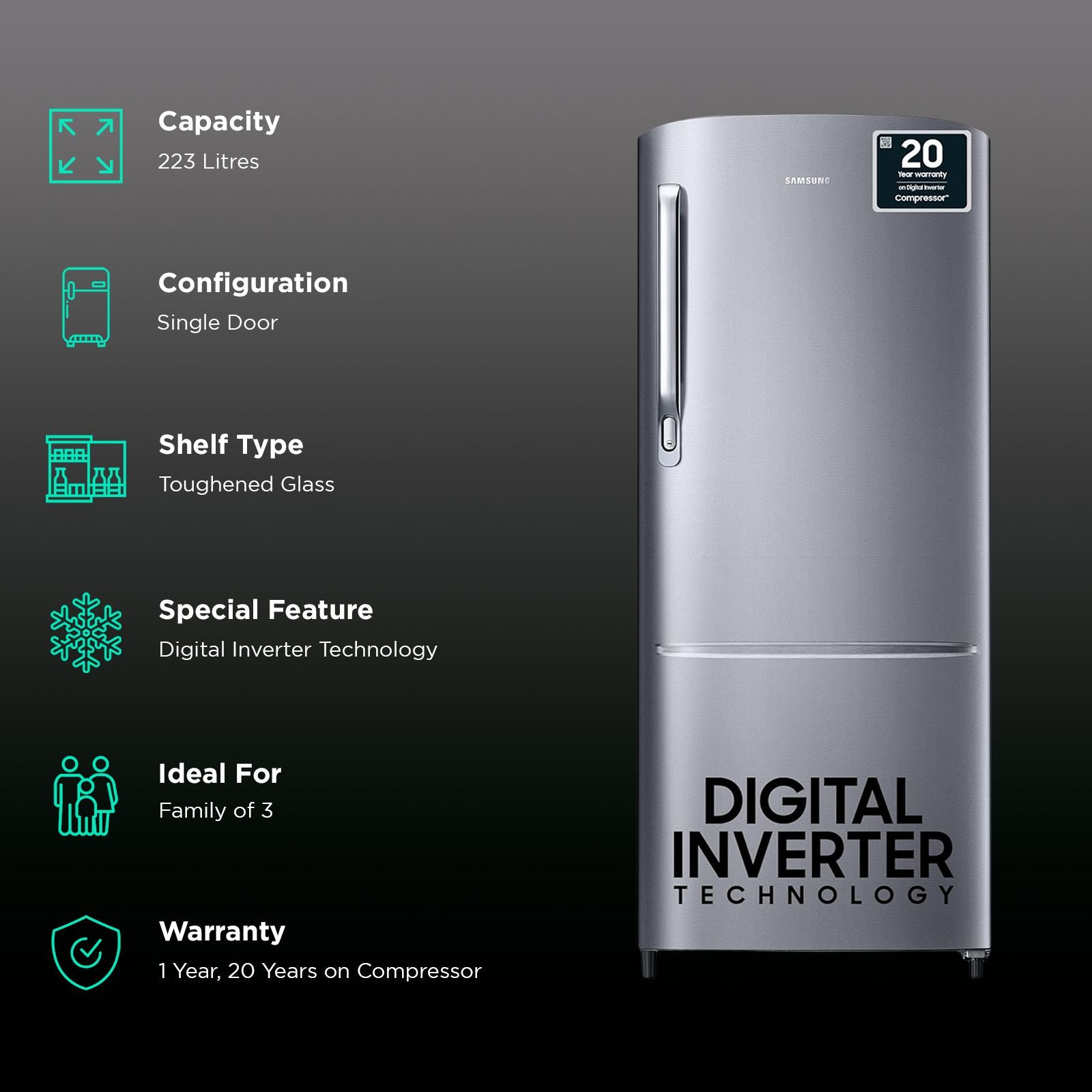 SAMSUNG Stylish Grande 223 Litres 3 Star Direct Cool Single Door Refrigerator with Anti Bacterial Gasket (RR24C2723S8/NL, Elegant Inox)