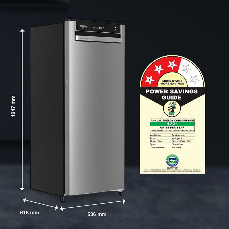 Whirlpool Vitamagic Pro 192 Litres 3 Star Direct Cool Single Door Refrigerator with Zeolite Technology (73131, Grey)
