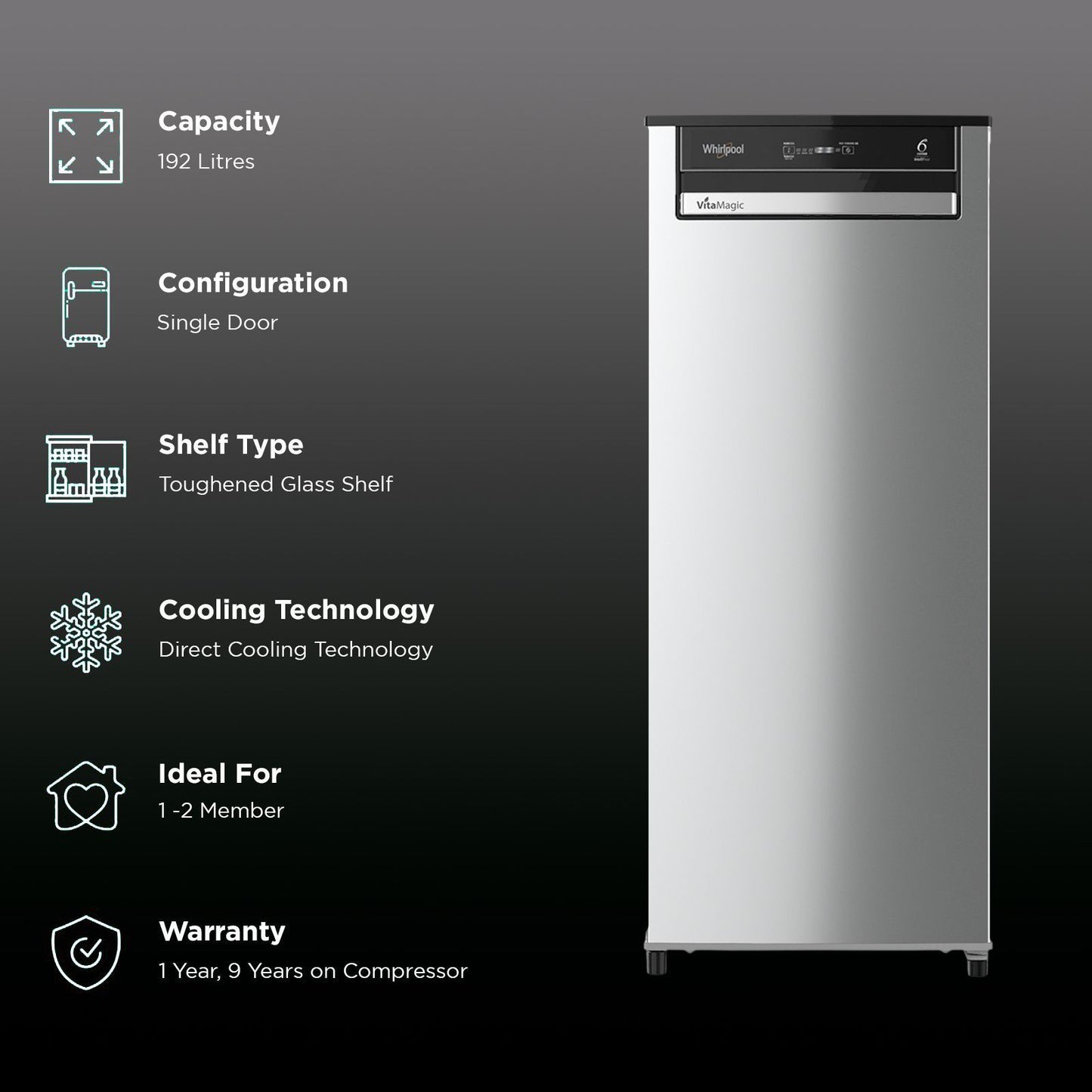 Whirlpool Vitamagic Pro 192 Litres 3 Star Direct Cool Single Door Refrigerator with Zeolite Technology (73131, Grey)