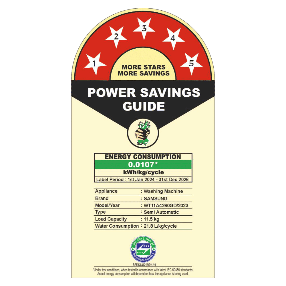 SAMSUNG 11.5 kg 5 Star Semi Automatic Washing Machine with Hexa Storm Pulsator (WT11A4260GD/TL, Dark Grey)