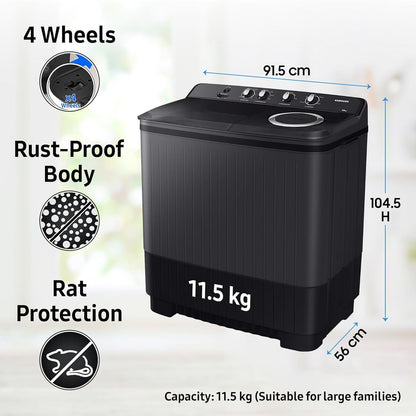 SAMSUNG 11.5 kg 5 Star Semi Automatic Washing Machine with Hexa Storm Pulsator (WT11A4260GD/TL, Dark Grey)