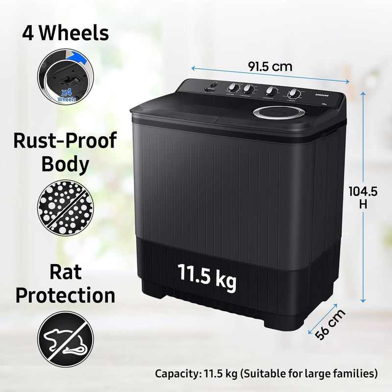 SAMSUNG 11.5 kg 5 Star Semi Automatic Washing Machine with Hexa Storm Pulsator (WT11A4260GD/TL, Dark Grey)