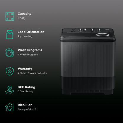 SAMSUNG 11.5 kg 5 Star Semi Automatic Washing Machine with Hexa Storm Pulsator (WT11A4260GD/TL, Dark Grey)