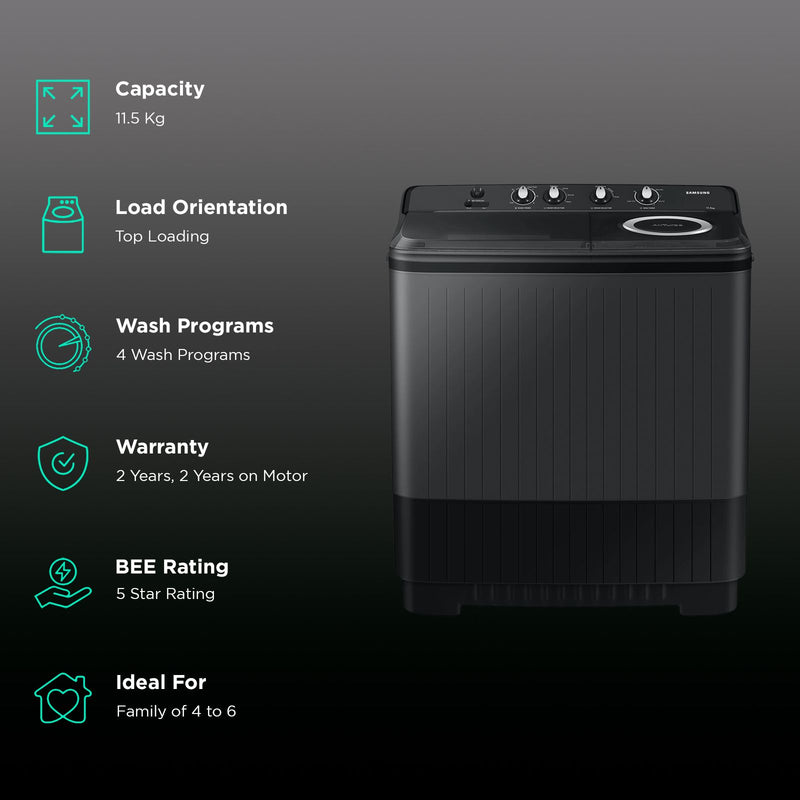 SAMSUNG 11.5 kg 5 Star Semi Automatic Washing Machine with Hexa Storm Pulsator (WT11A4260GD/TL, Dark Grey)