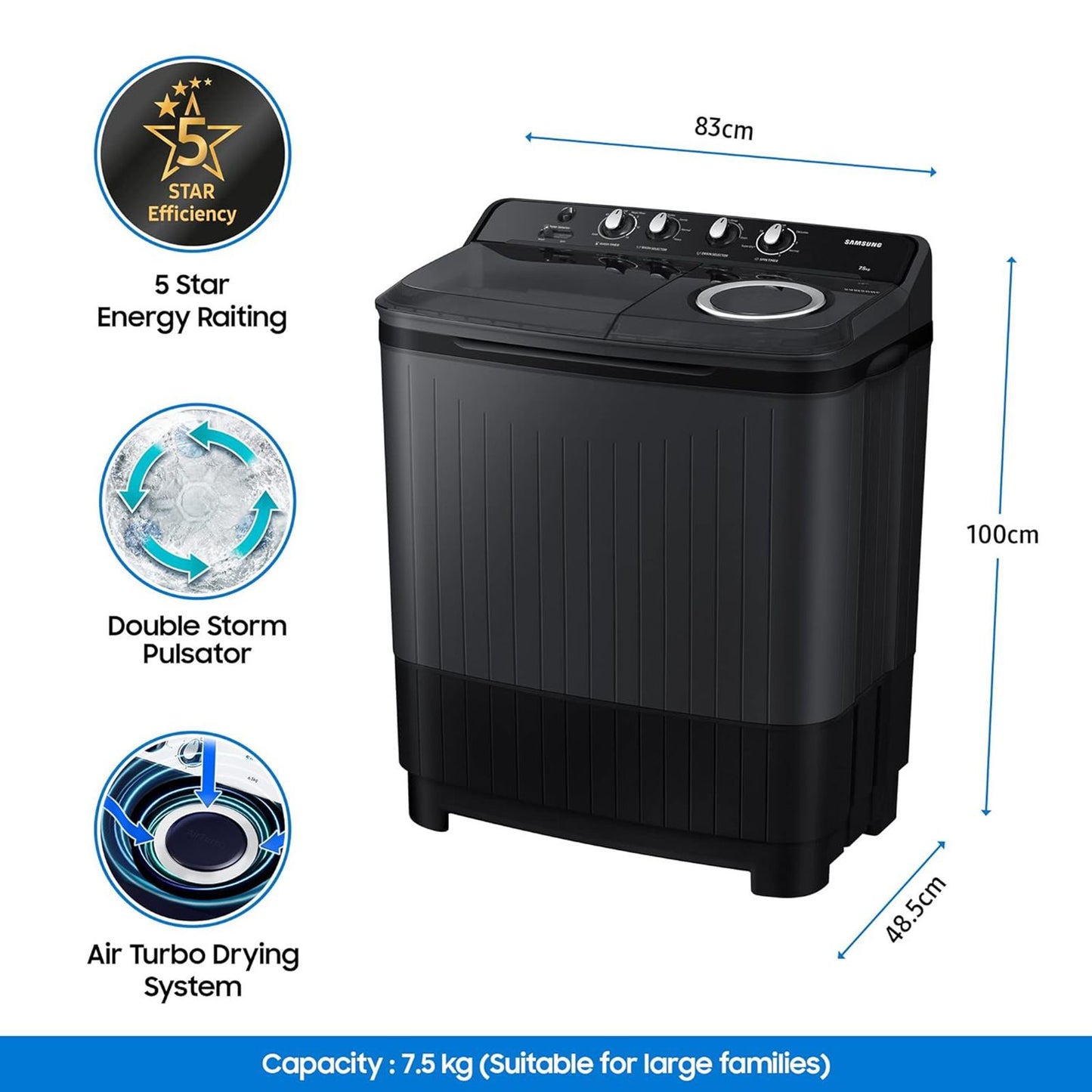 SAMSUNG 7.5 kg 5 Star Semi Automatic Washing Machine with Hexa Storm Pulsator (WT75B3200GD/TL, Dark Grey)