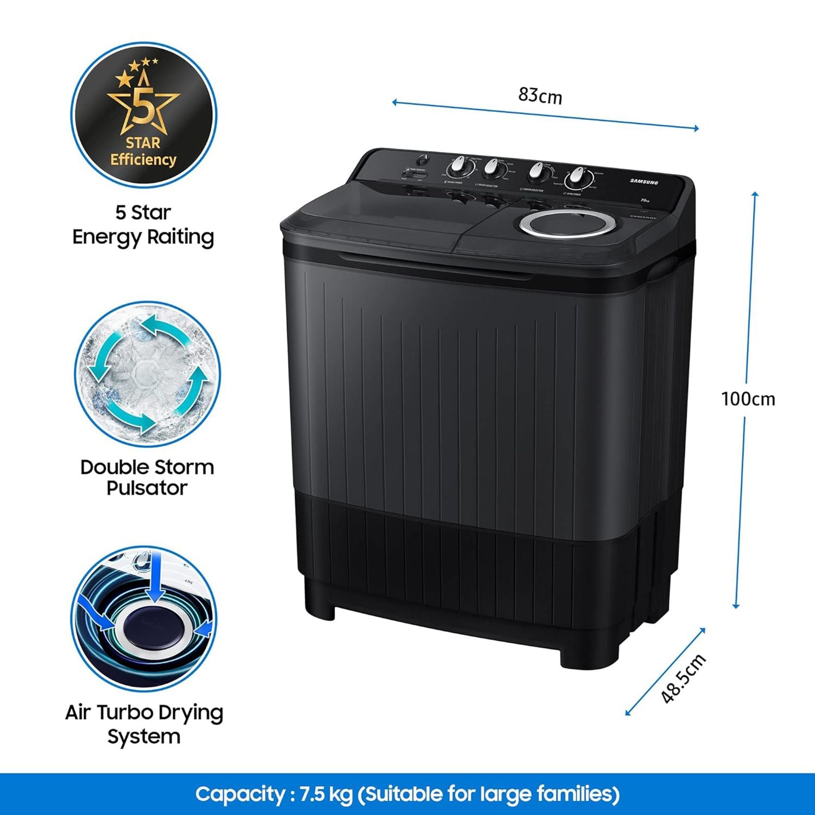 SAMSUNG 7.5 kg 5 Star Semi Automatic Washing Machine with Hexa Storm Pulsator (WT75B3200GD/TL, Dark Grey)