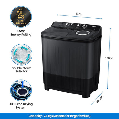 SAMSUNG 7.5 kg 5 Star Semi Automatic Washing Machine with Hexa Storm Pulsator (WT75B3200GD/TL, Dark Grey)