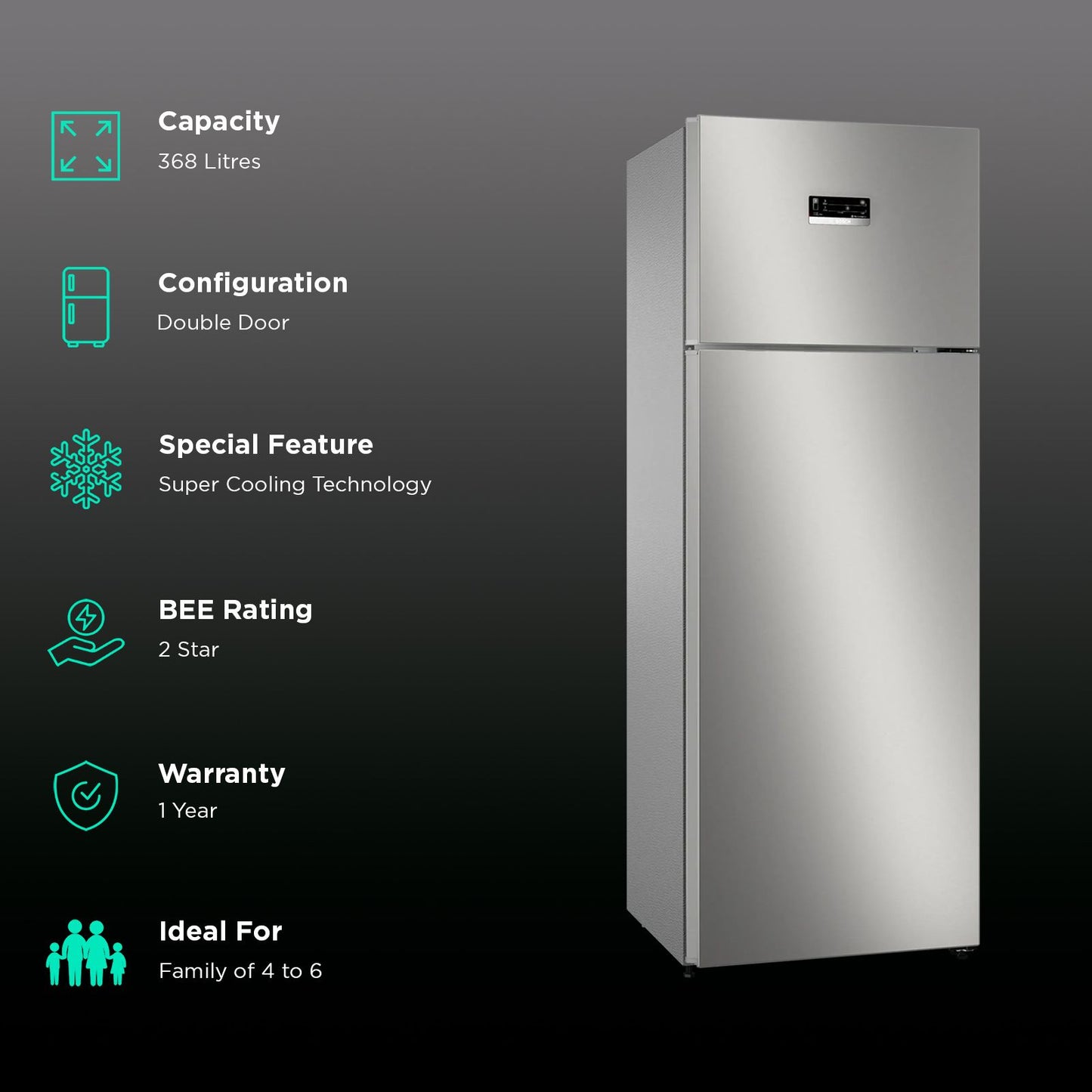 BOSCH Series 4 368 Litres 2 Star Frost Free Double Door Convertible Refrigerator with VarioInverter Compressor (CTC39S02NI, Shiney Silver)