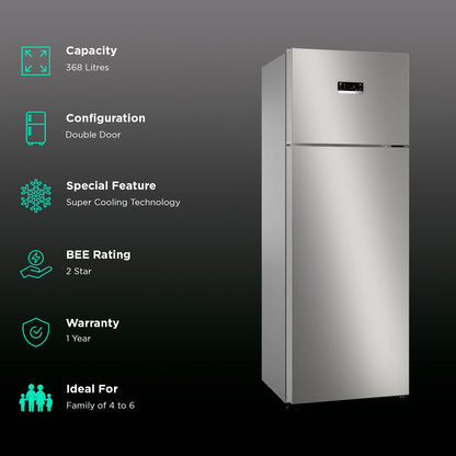 BOSCH Series 4 368 Litres 2 Star Frost Free Double Door Convertible Refrigerator with VarioInverter Compressor (CTC39S02NI, Shiney Silver)