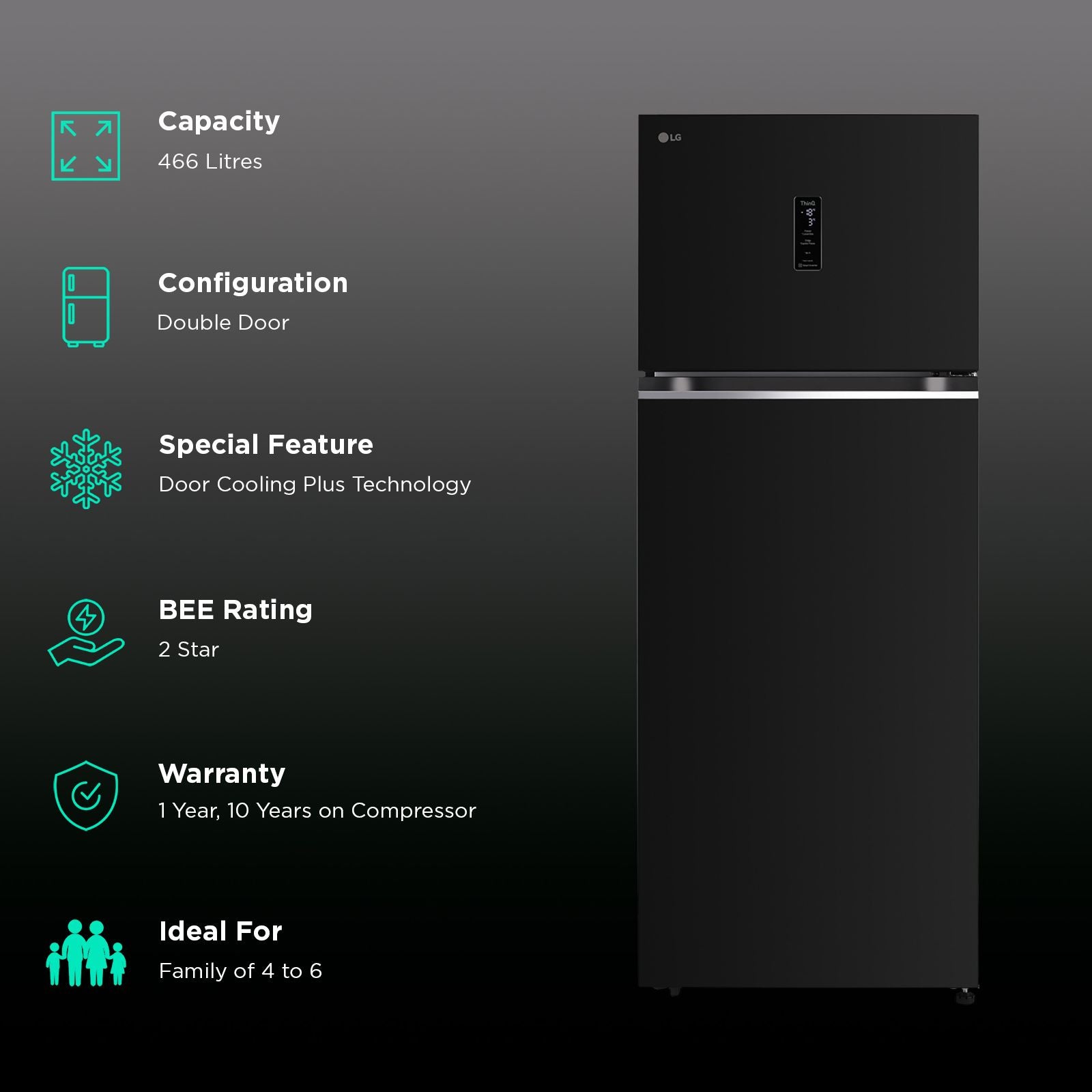 LG 466 Litres 2 Star Frost Free Double Door Smart Wifi Enabled Refrigerator with Multi Air Flow (GL-T492MESY, Ebony Sheen)