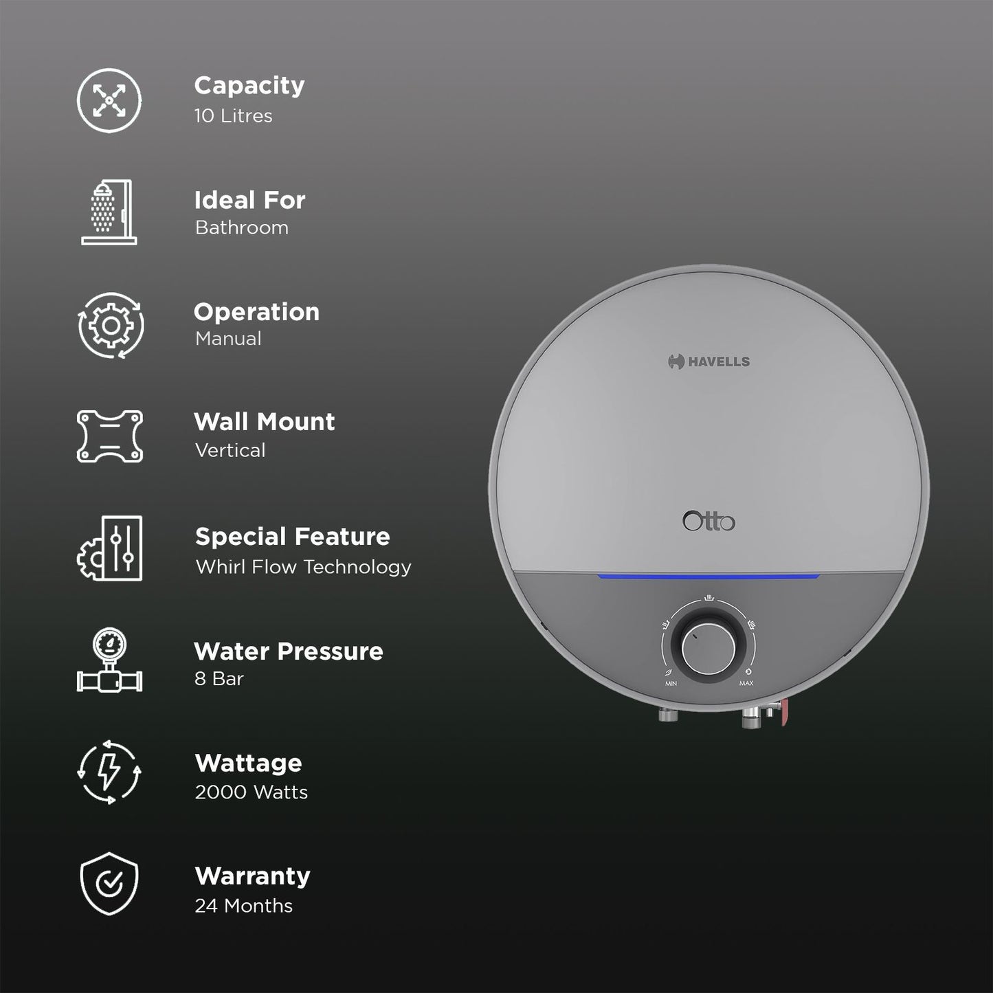 HAVELLS Otto 10 Litre 5 Star Vertical Storage Geyser with Whirl Flow Technology (Silver Grey)