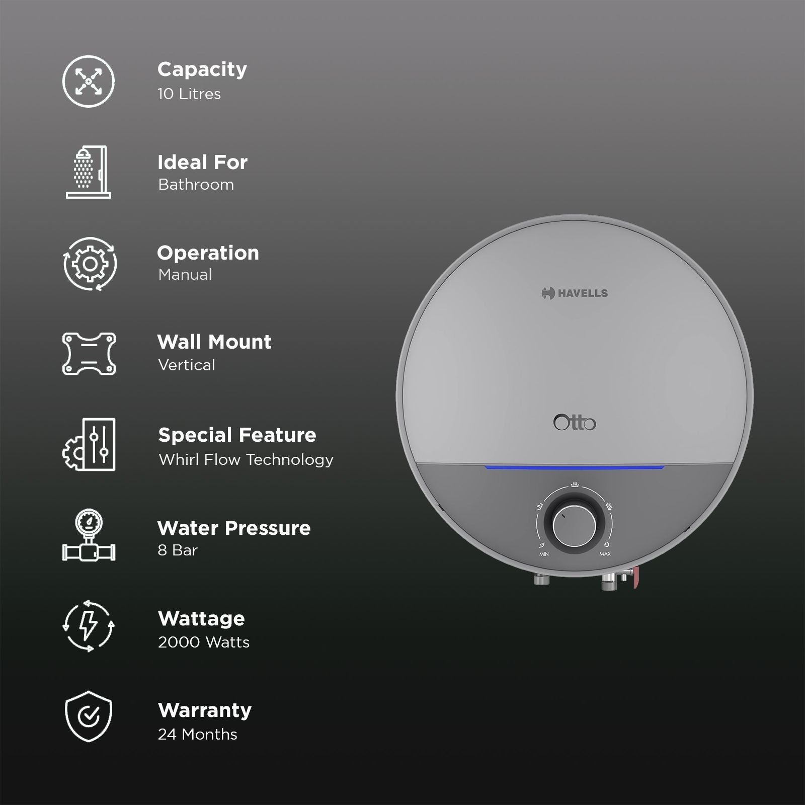 HAVELLS Otto 10 Litre 5 Star Vertical Storage Geyser with Whirl Flow Technology (Silver Grey)