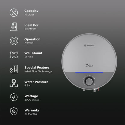 HAVELLS Otto 10 Litre 5 Star Vertical Storage Geyser with Whirl Flow Technology (Silver Grey)