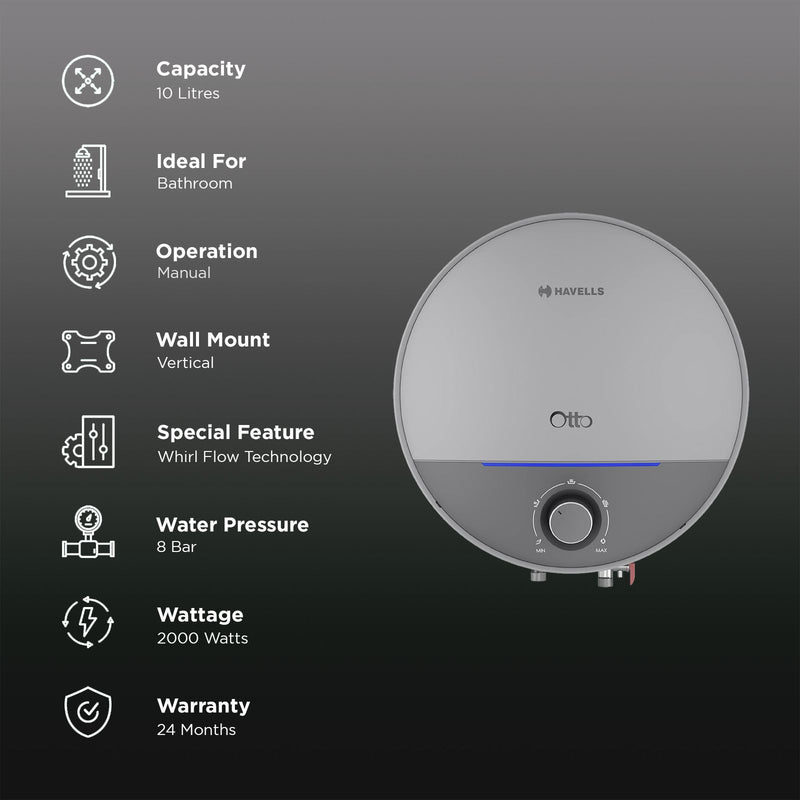 HAVELLS Otto 10 Litre 5 Star Vertical Storage Geyser with Whirl Flow Technology (Silver Grey)