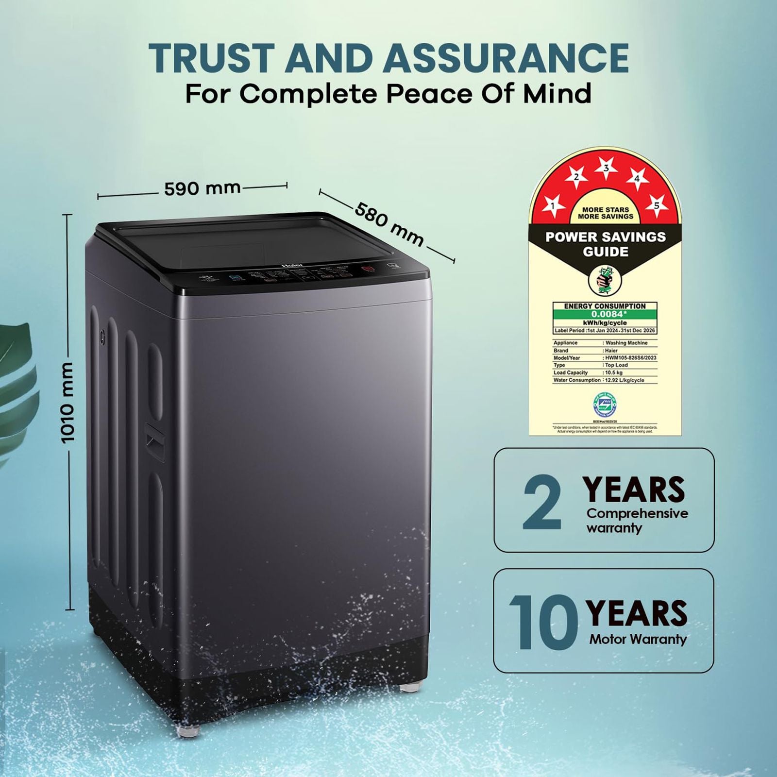 Haier 10.5 kg 5 Star Fully Automatic Top Load Washing Machine (HWM105-826S6, Oceanus Wave Drum, Starry Silver)