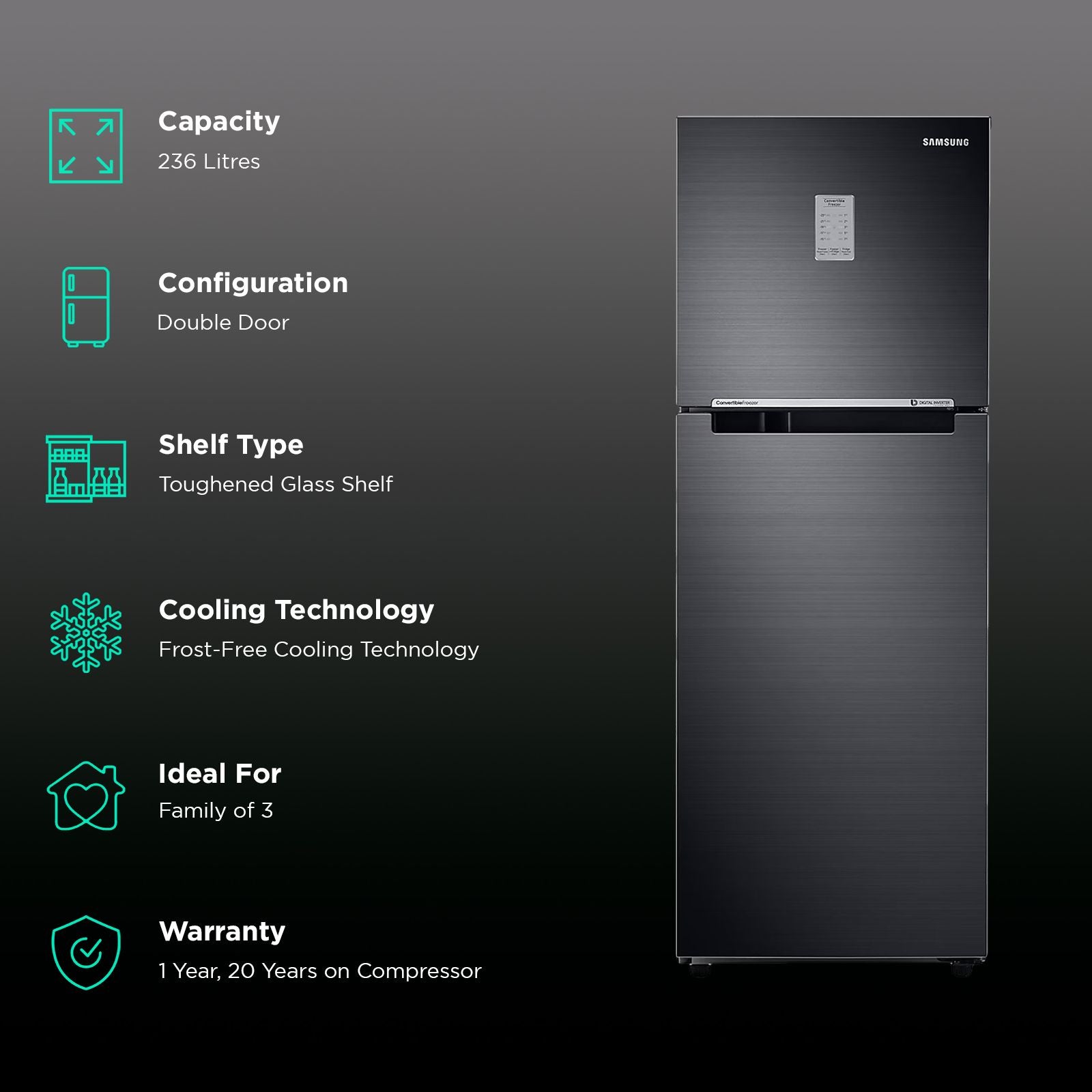 SAMSUNG 236 Litres 3 Star Frost Free Double Door Convertible Refrigerator with Anti Bacterial Gasket (RT28C3733BX/HL, Luxe Black)