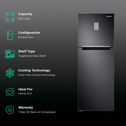 SAMSUNG 236 Litres 3 Star Frost Free Double Door Convertible Refrigerator with Anti Bacterial Gasket (RT28C3733BX/HL, Luxe Black)
